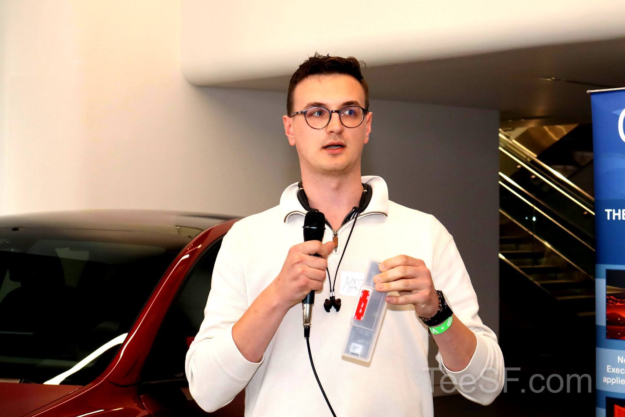 A photo from a pitch night event at Tesla in San Francisco.